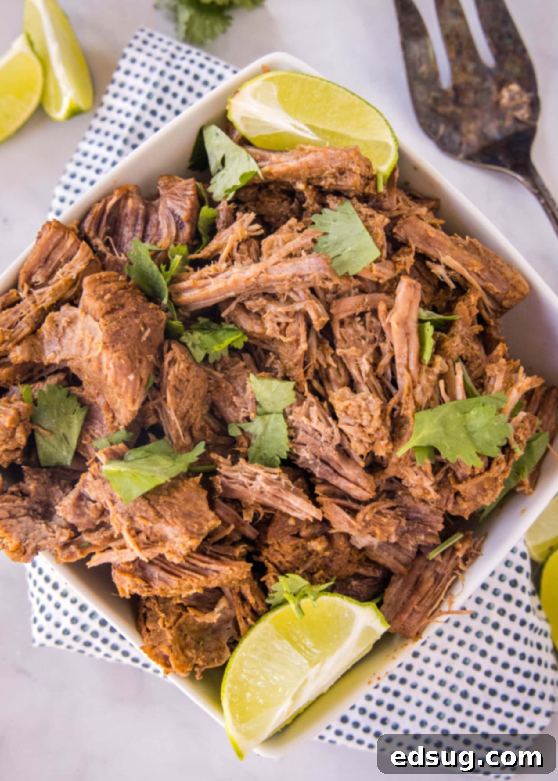 Smoky, juicy Mexican shredded beef is easy to make in the Instant Pot or Crock Pot! Perfect in tacos, enchiladas, or served over rice. Overhead view of Mexican shredded beef in a square bowl garnished with cilantro and a lime wedge.