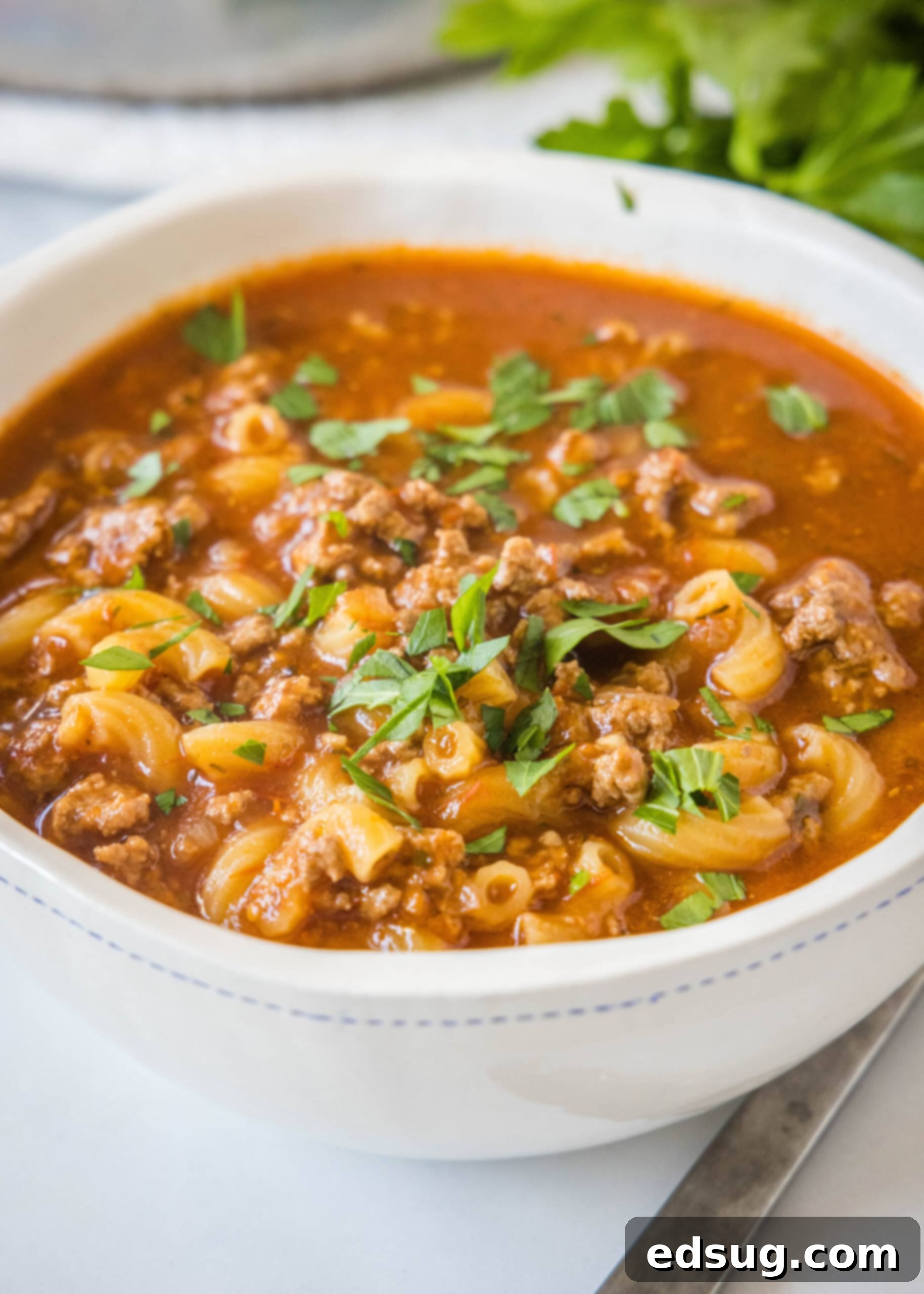 A steaming bowl of hearty beef macaroni soup, garnished with fresh green parsley, invitingly presented.