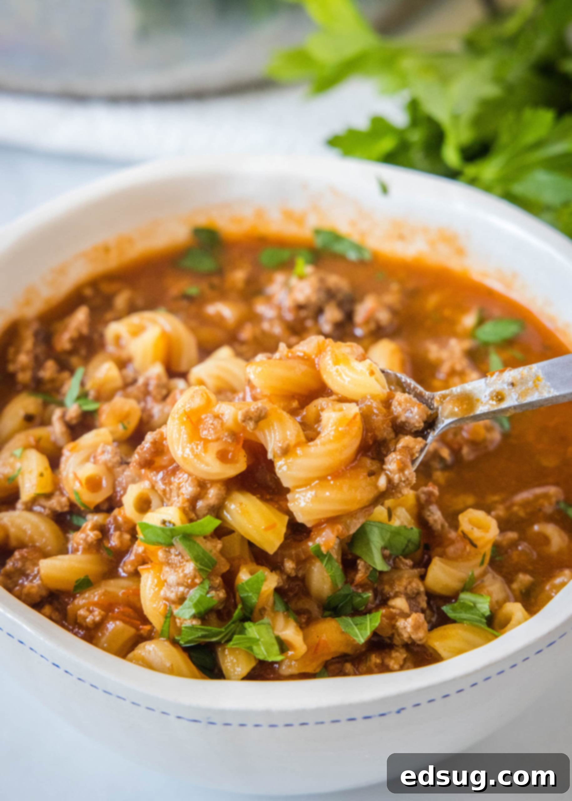 A spoonful of beef macaroni soup being lifted from a bowl, showcasing the rich broth, ground beef, and pasta held within the spoon.