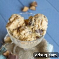 A scoop of homemade peanut butter cup ice cream in a bowl, surrounded by scattered peanut butter cups.