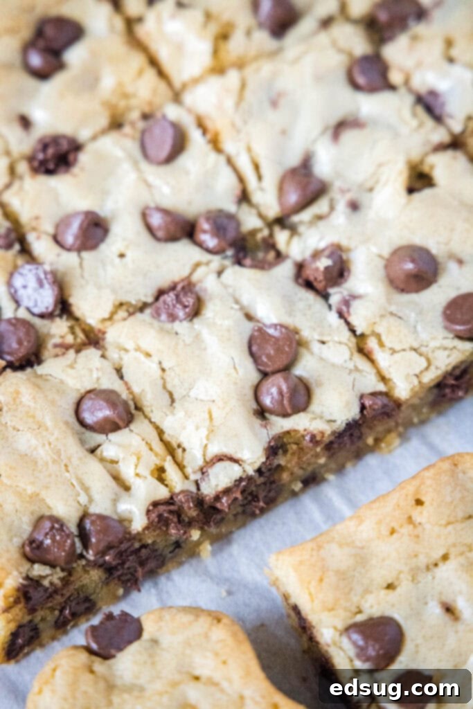 Chewy Golden Chocolate Chip Bars 2 looking down on cut chocolate chip blondies