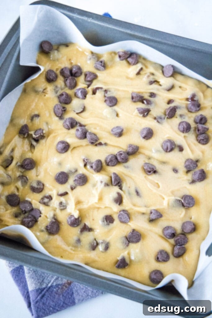 Chewy Golden Chocolate Chip Bars 4 chocolate chip blondie batter in baking pan