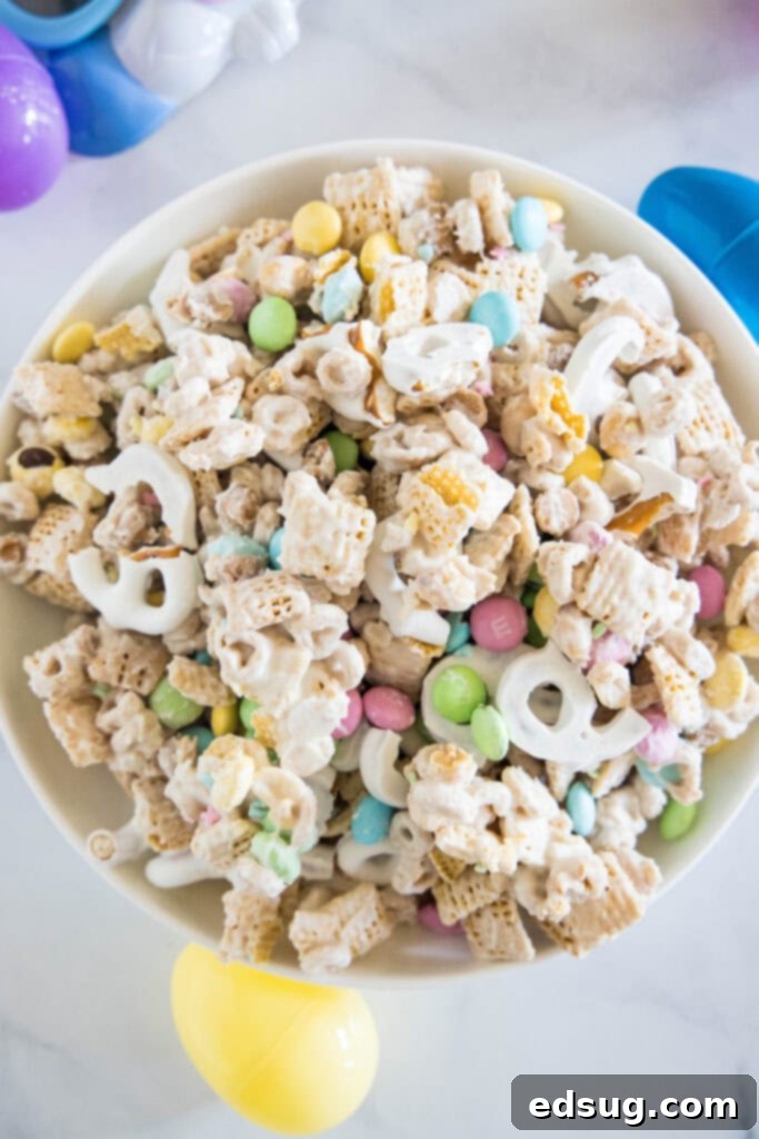 Velvet Trap 2 looking down on a bowl of bunny bait, a sweet and salty Easter snack mix