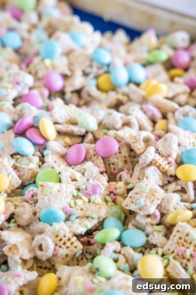 Velvet Trap 5 bunny bait spread out on a baking sheet with colorful M&M's and pretzels