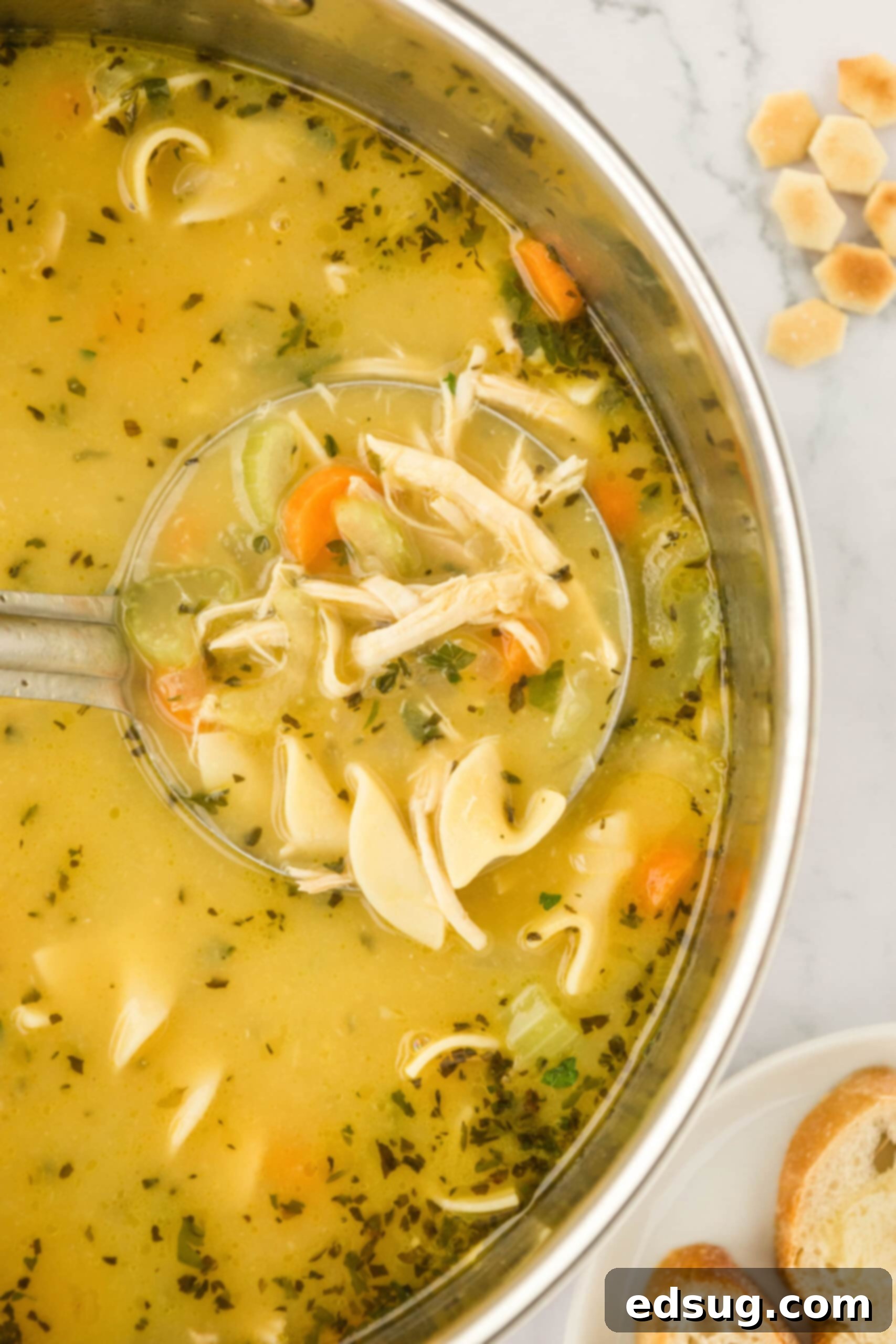 scooping chicken noodle soup out of a pot