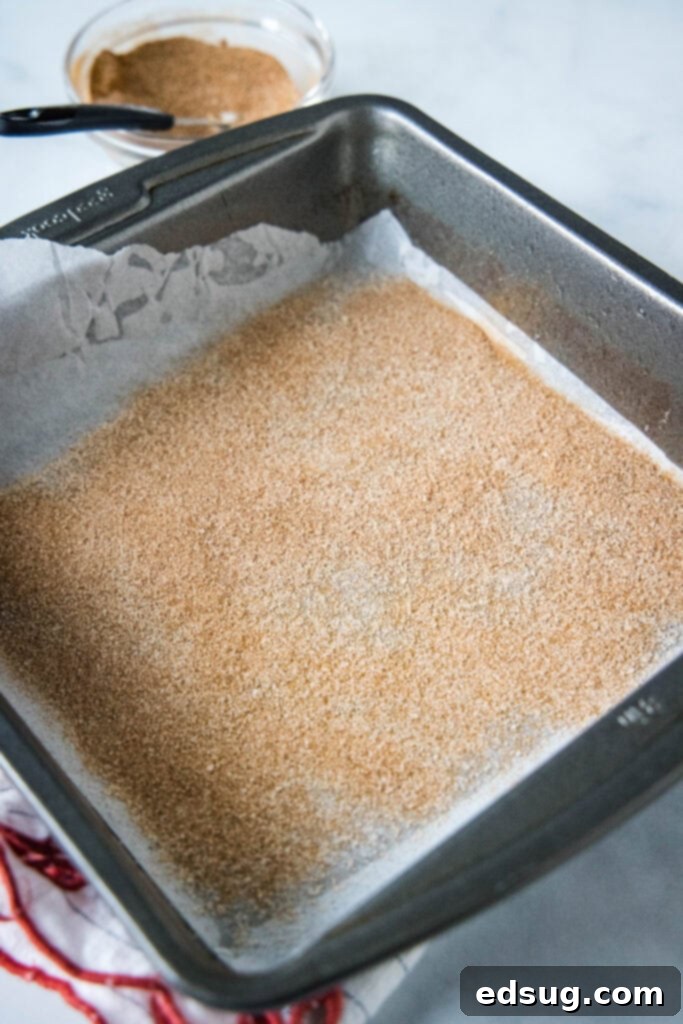 base of churro bar pan prepared with cinnamon sugar