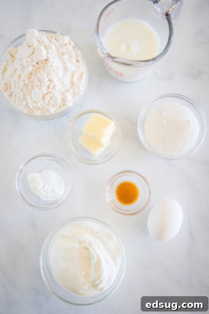 Ingredients for Greek yogurt pancakes laid out on a kitchen counter