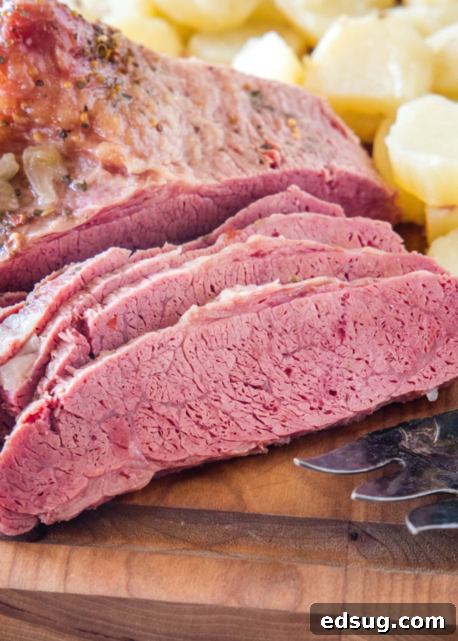 Beautifully sliced corned beef displayed next to a pile of cooked onions on a rustic wooden cutting board.