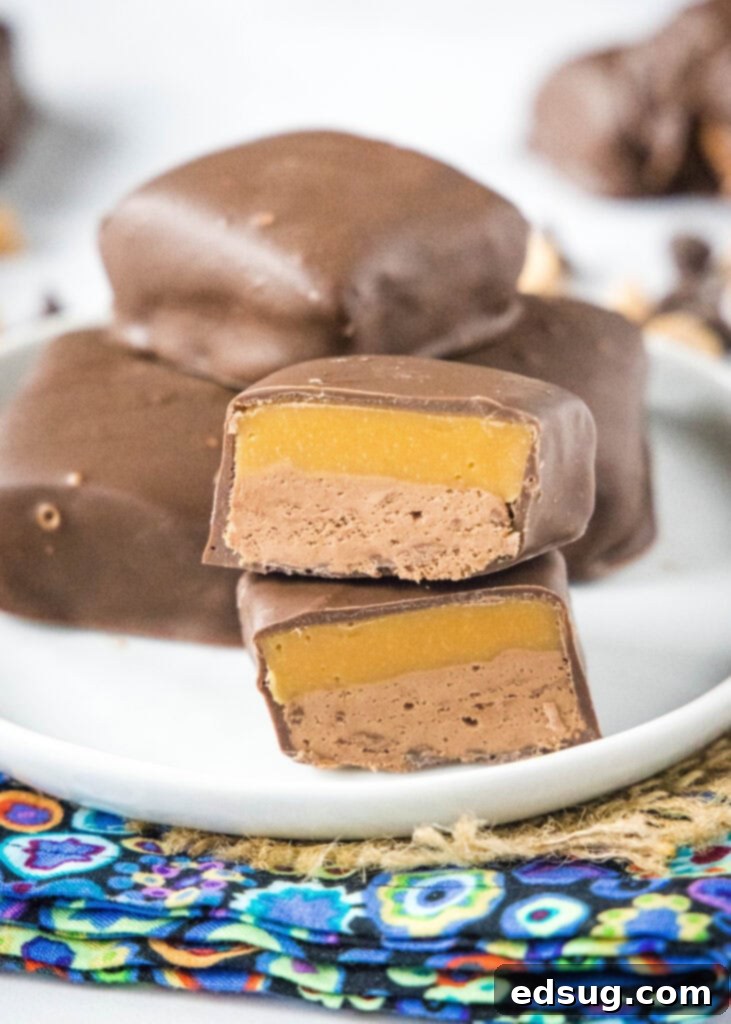 Copycat Milky Way Candy Bars 2 milky way candy cut in half on a white plate