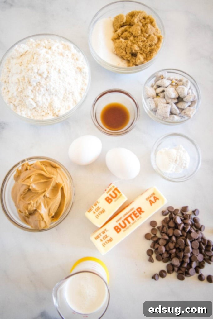 Cocoa Peanut Butter Cloud Cookies 3 Various ingredients for muddy buddy cookies laid out on a clean surface, including butter, sugars, peanut butter, and flour.