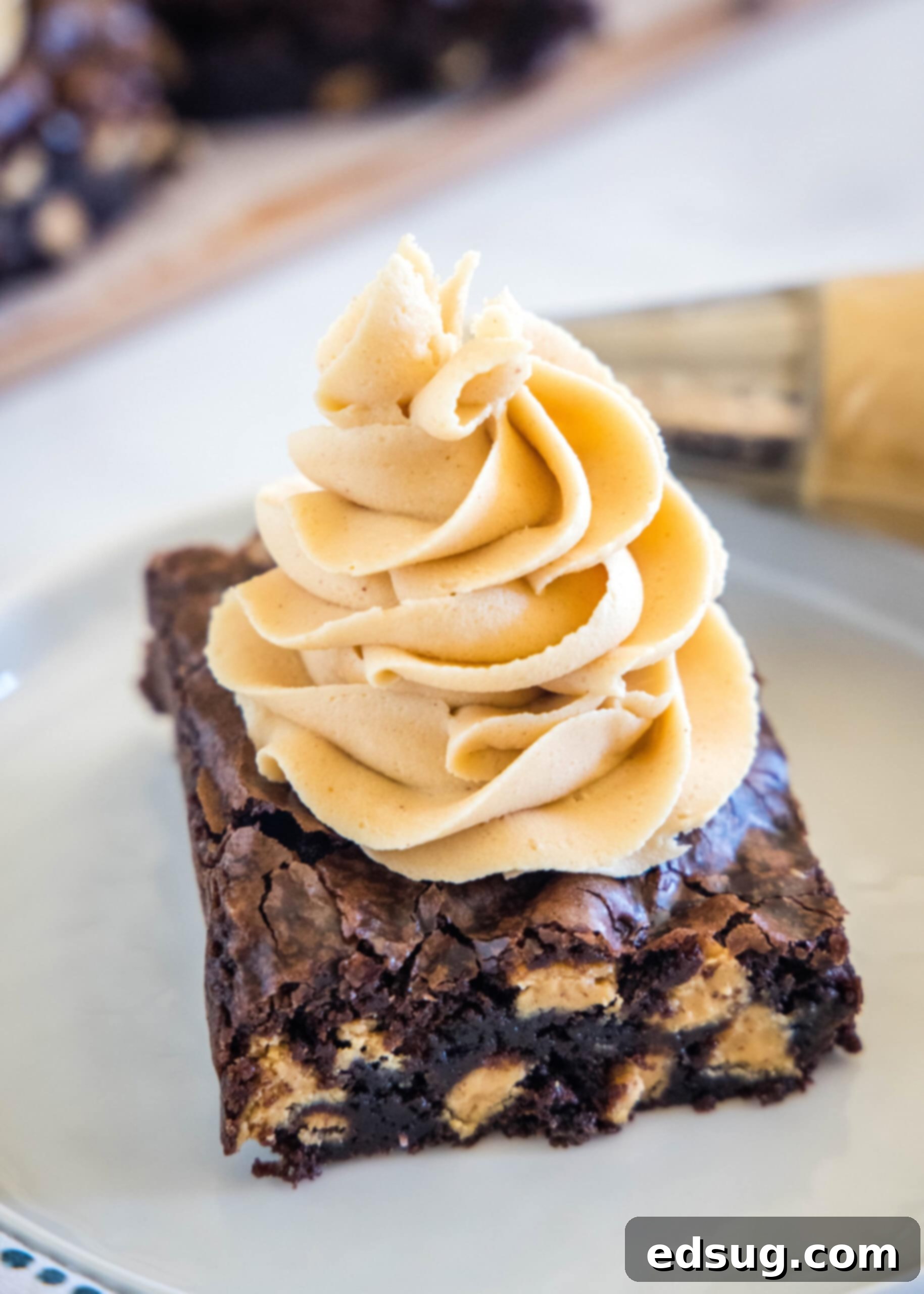 Homemade peanut butter frosting is smooth, creamy, and perfect for decorating cakes and cupcakes. Ready in minutes with just 5 ingredients! A chocolate brownie topped with a swirl of peanut butter frosting on a plate.