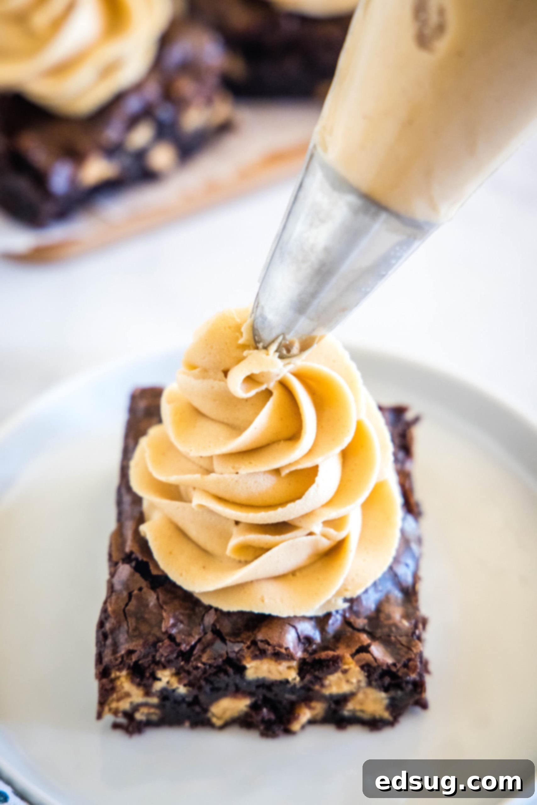 Homemade peanut butter frosting is smooth, creamy, and perfect for decorating cakes and cupcakes. Ready in minutes with just 5 ingredients! The tip of a piping bag piping a swirl of peanut butter frosting over a chocolate brownie on a white plate.