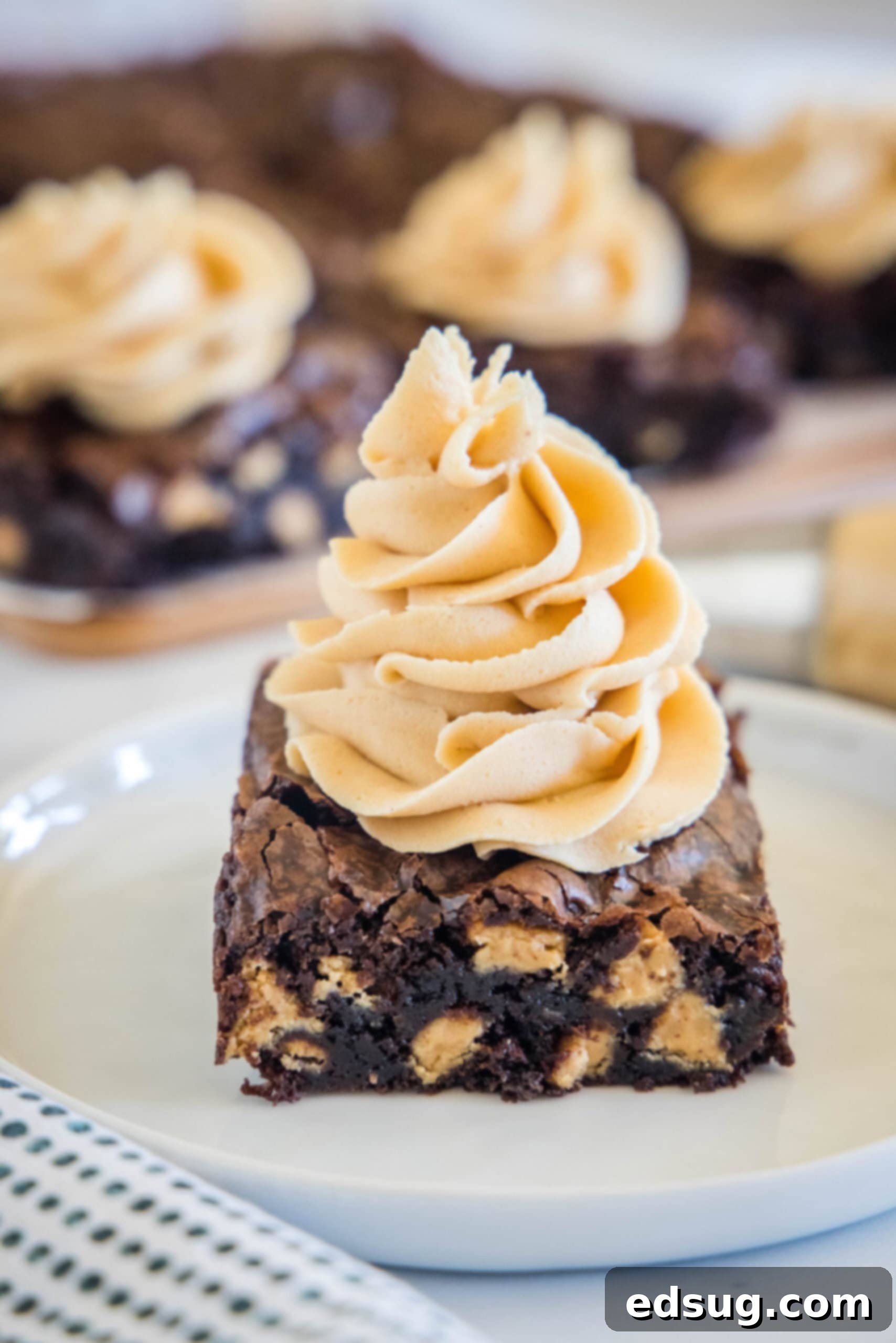 Homemade peanut butter frosting is smooth, creamy, and perfect for decorating cakes and cupcakes. Ready in minutes with just 5 ingredients! A chocolate brownie topped with a swirl of peanut butter frosting on a plate, with more frosted brownies in the background.