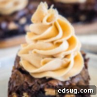 Dreamy Peanut Butter Frosting 2 Close up of a chocolate brownie topped with a swirl of peanut butter.