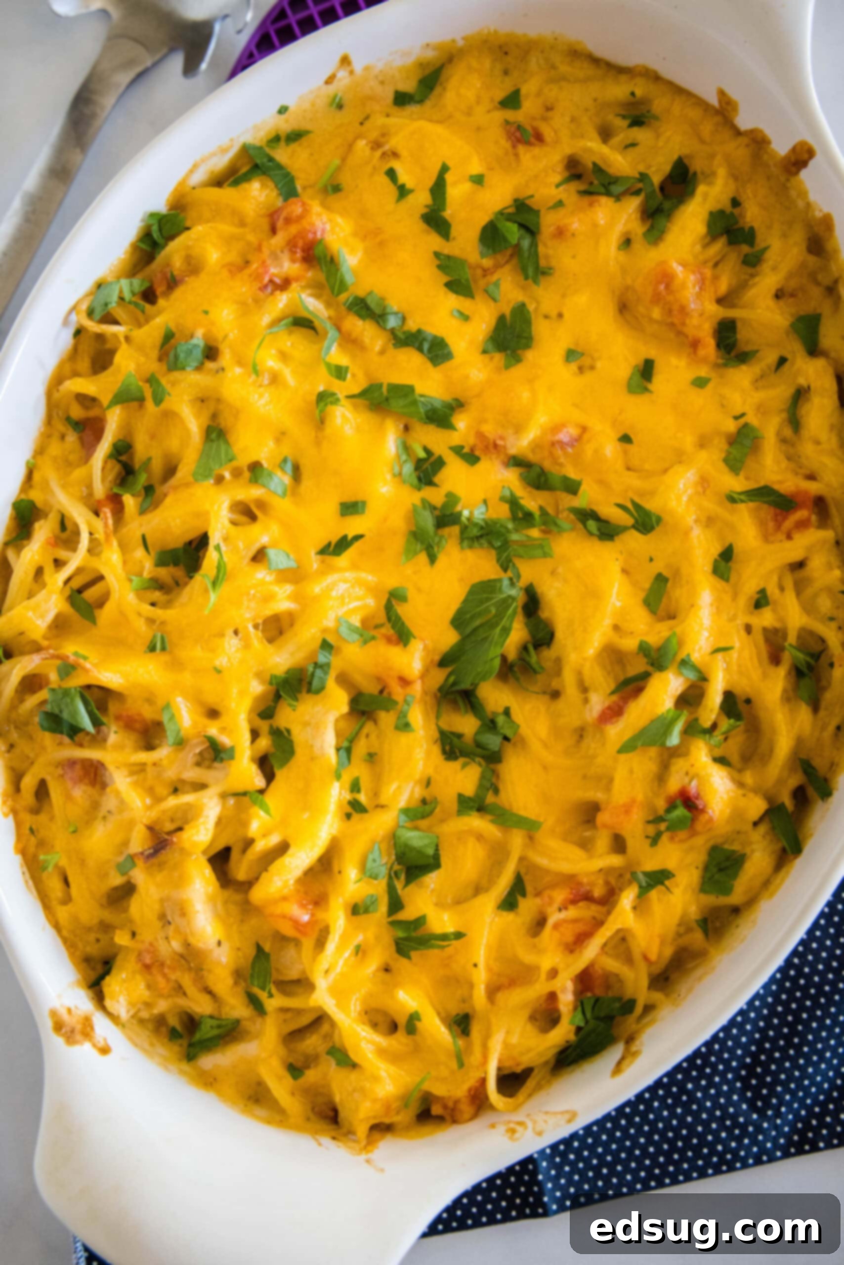 Make this casserole-style cheesy chicken spaghetti with Rotel tomatoes, juicy chicken, and tender pasta baked in a flavorful creamy sauce. Overhead view of baked chicken spaghetti in an oval casserole dish.
