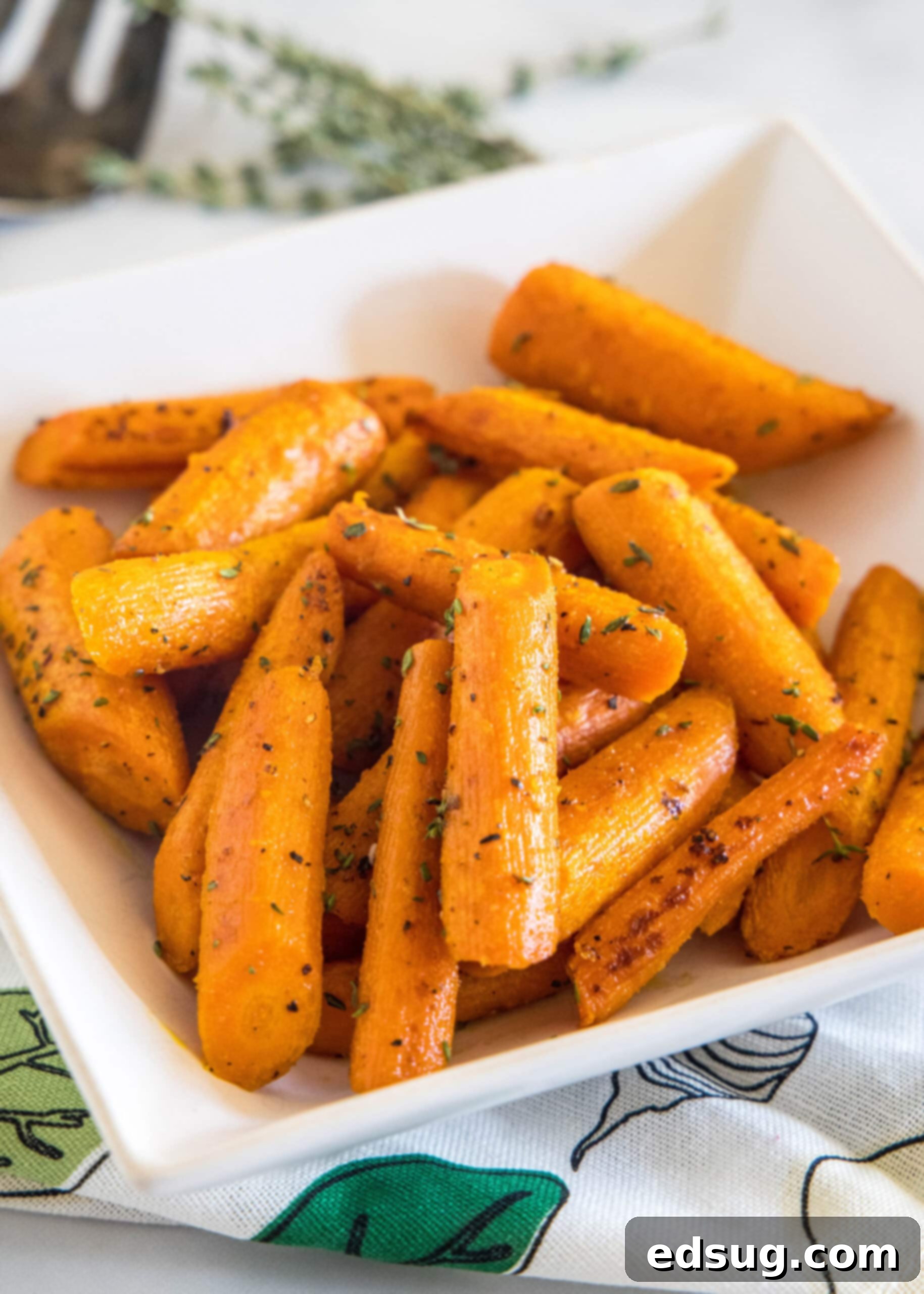 These tender oven roasted carrots come out crispy, caramelized, and full of flavor. They're the perfect easy side dish for any occasion! Seasoned roasted carrots in a square white bowl, ready to be served.