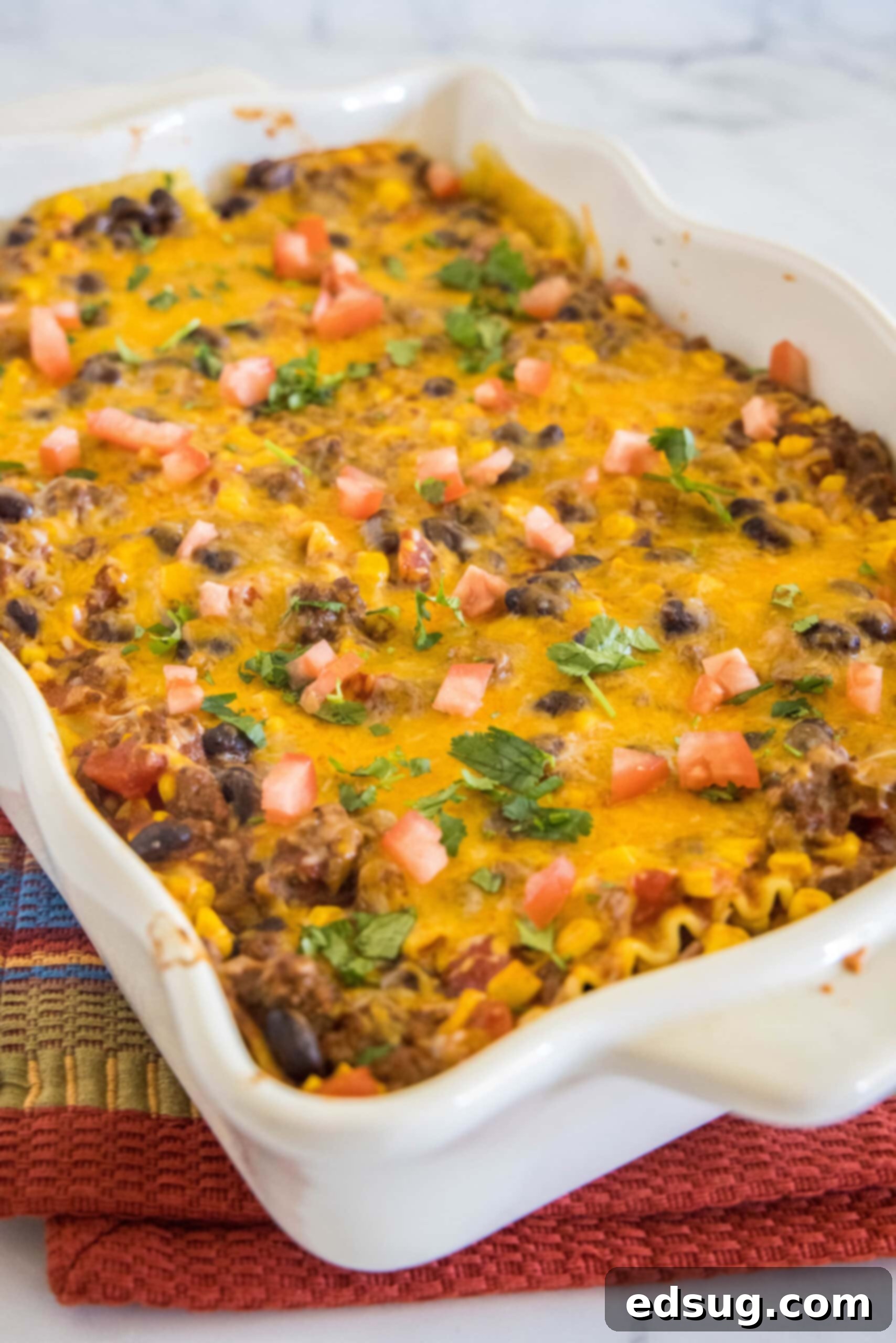 This Mexican lasagna has layers of Tex-Mex flavor, with savory beef, corn, beans, enchilada sauce, and cheese baked between lasagna noodles. Baked Mexican lasagna topped with fresh cilantro and diced tomatoes in a white ceramic baking dish, showcasing vibrant garnishes.