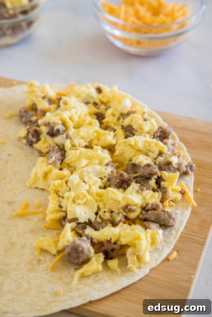 Rise and shine with this easy breakfast quesadilla recipe! Made with eggs, savory sausage, and melty cheese folded between warm tortillas. Eggs, sausage, and cheese on one half of a flour tortilla, ready to be folded.