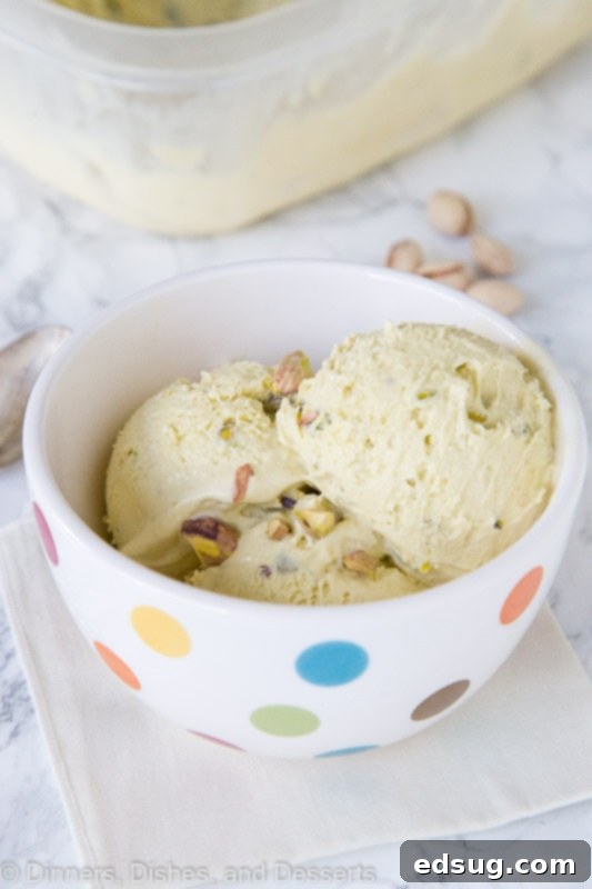 Velvet Pistachio 3 A bowl of freshly churned homemade pistachio ice cream, topped with extra chopped pistachios.