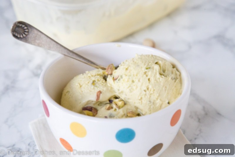 Velvet Pistachio 4 A scoop of rich pistachio ice cream with a spoon, highlighting its creamy texture.