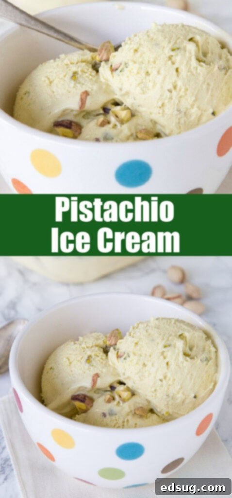 Velvet Pistachio 5 Close up scoops of pistachio ice cream for Pinterest, highlighting its creamy texture and pistachio pieces.