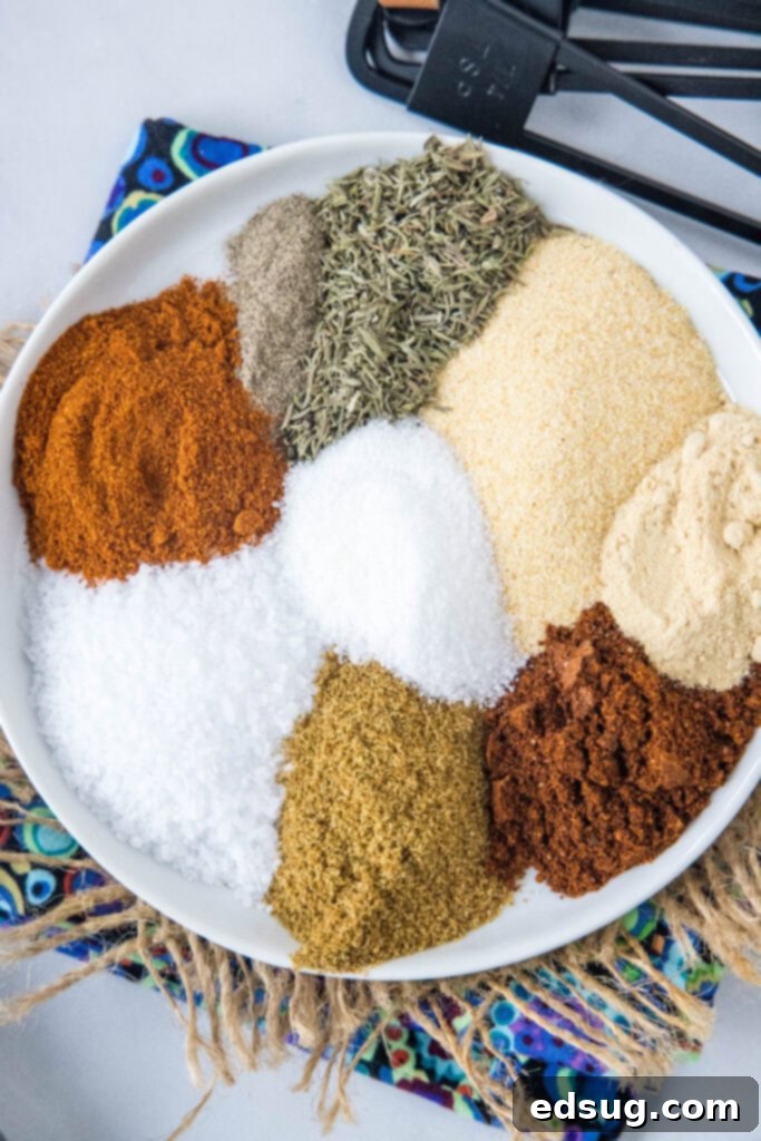 Close-up view of a selection of colorful spices laid out on a plate, ready to be mixed into chicken seasoning.