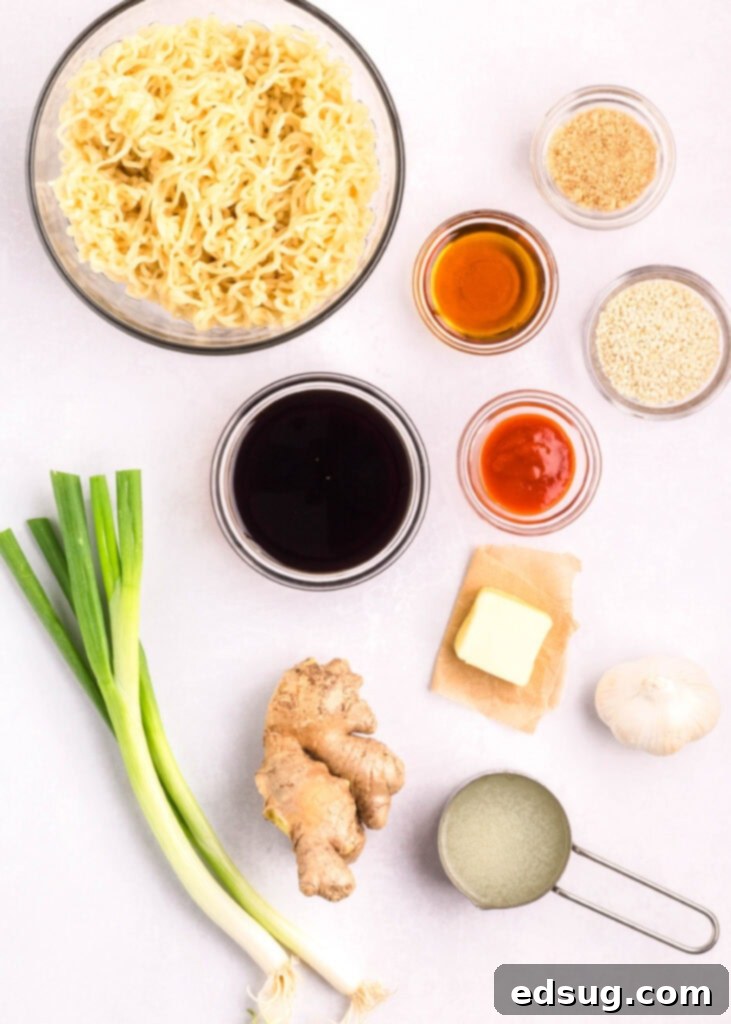 Savory Sesame Noodles 3 sesame noodles ingredients laid out on a counter