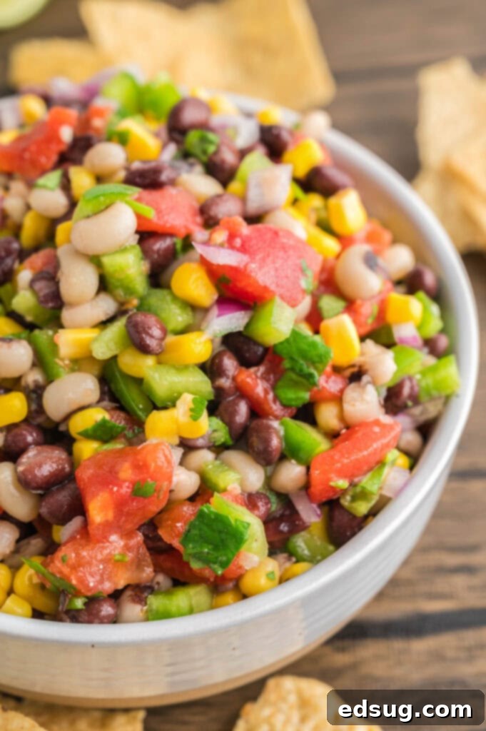 Texas Caviar 2 A beautifully arranged bowl of Texas Caviar, surrounded by crispy tortilla chips, ready for dipping.