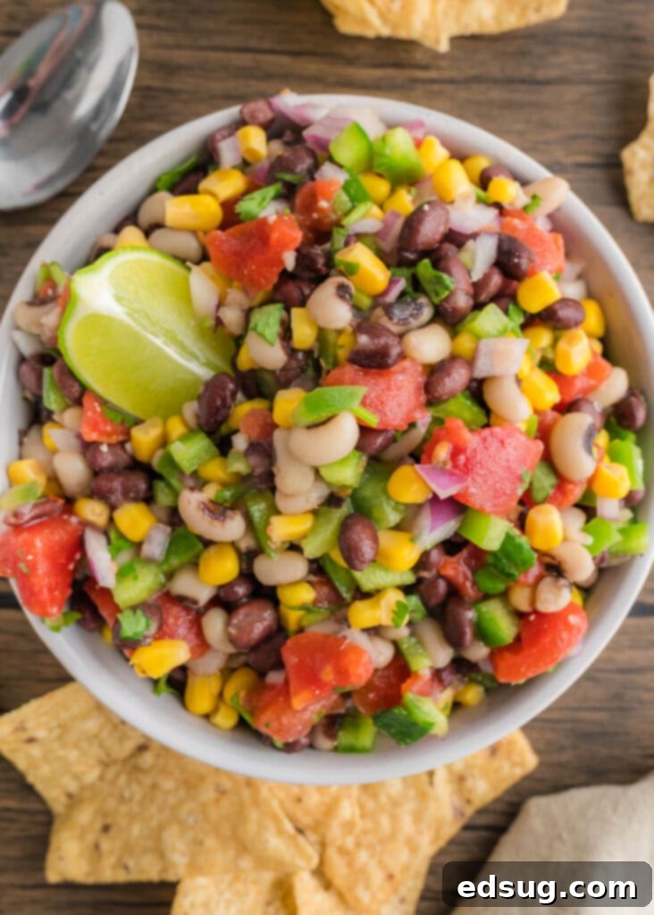 Texas Caviar 6 An overhead view of a generously filled bowl of Cowboy Caviar, ready to be scooped.