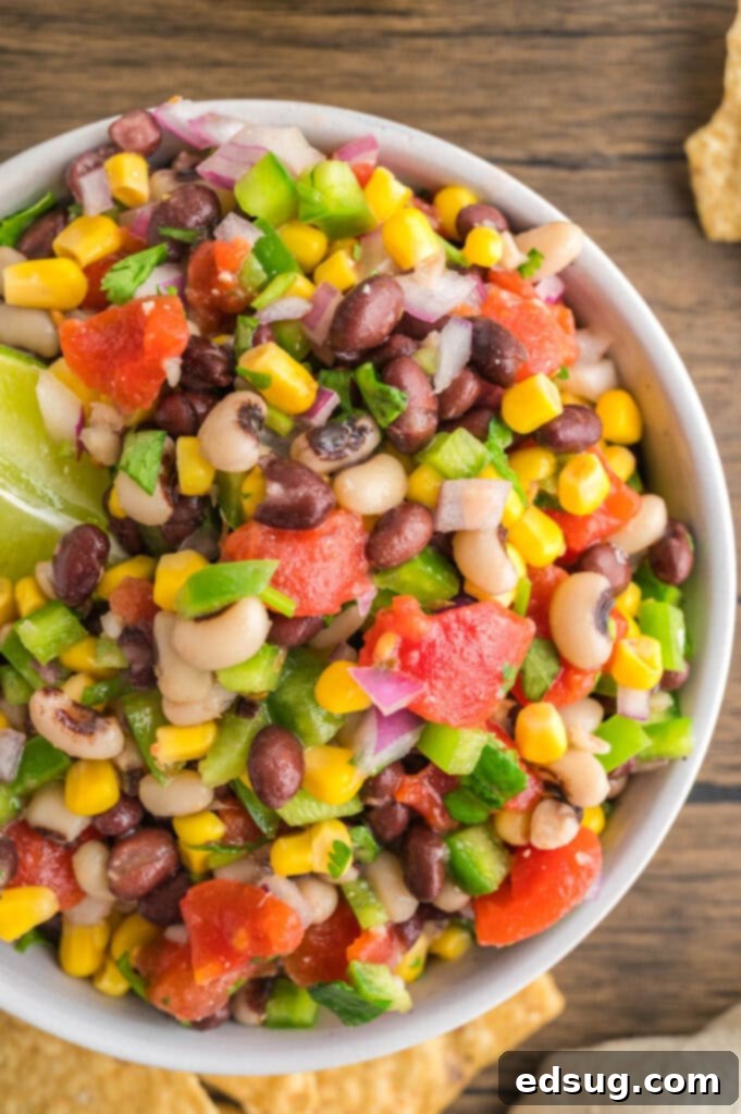 Texas Caviar 8 An inviting overhead shot of a large bowl of Cowboy Caviar, ready for guests.