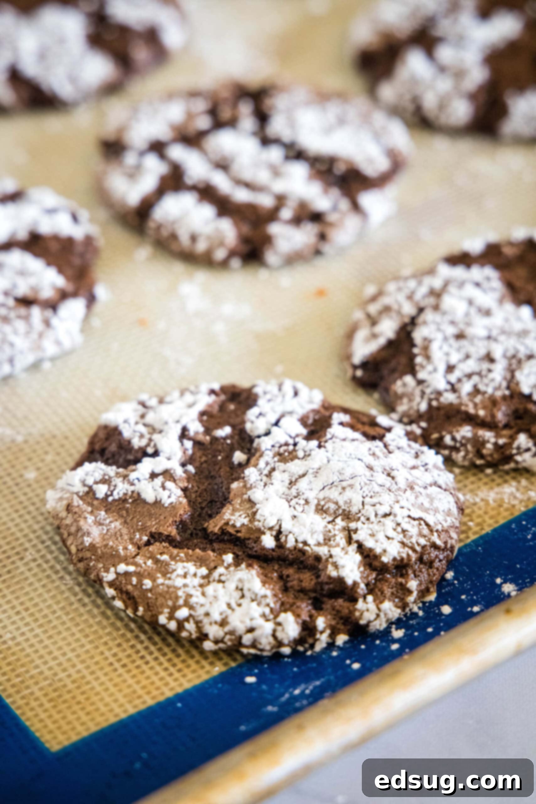 Freshly baked chocolate Cool Whip cookies cooling on a lined baking sheet, showing their distinct crinkled tops and soft centers.