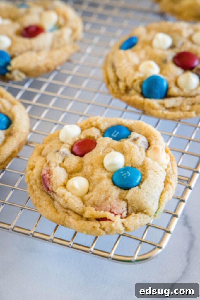 Red, White & Blue Cookies 5 Baked 4th of July cookies cooling on a wire rack.