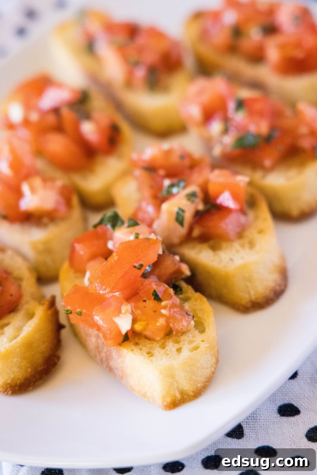 This easy bruschetta is the perfect appetizer or party food. It's loaded with tomatoes, garlic, and basil, and only takes 5 minutes. A plate full of bruschetta