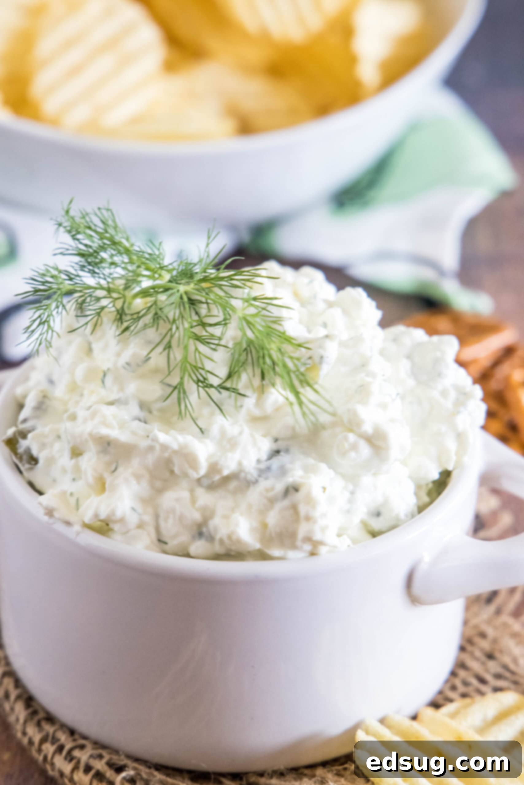 Creamy dill pickle dip is briny, cool, and crunchy. Made with 5 ingredients in minutes, it's delicious for dipping just about everything! Creamy Dill Pickle Dip garnished with fresh dill, ready for serving with potato chips.