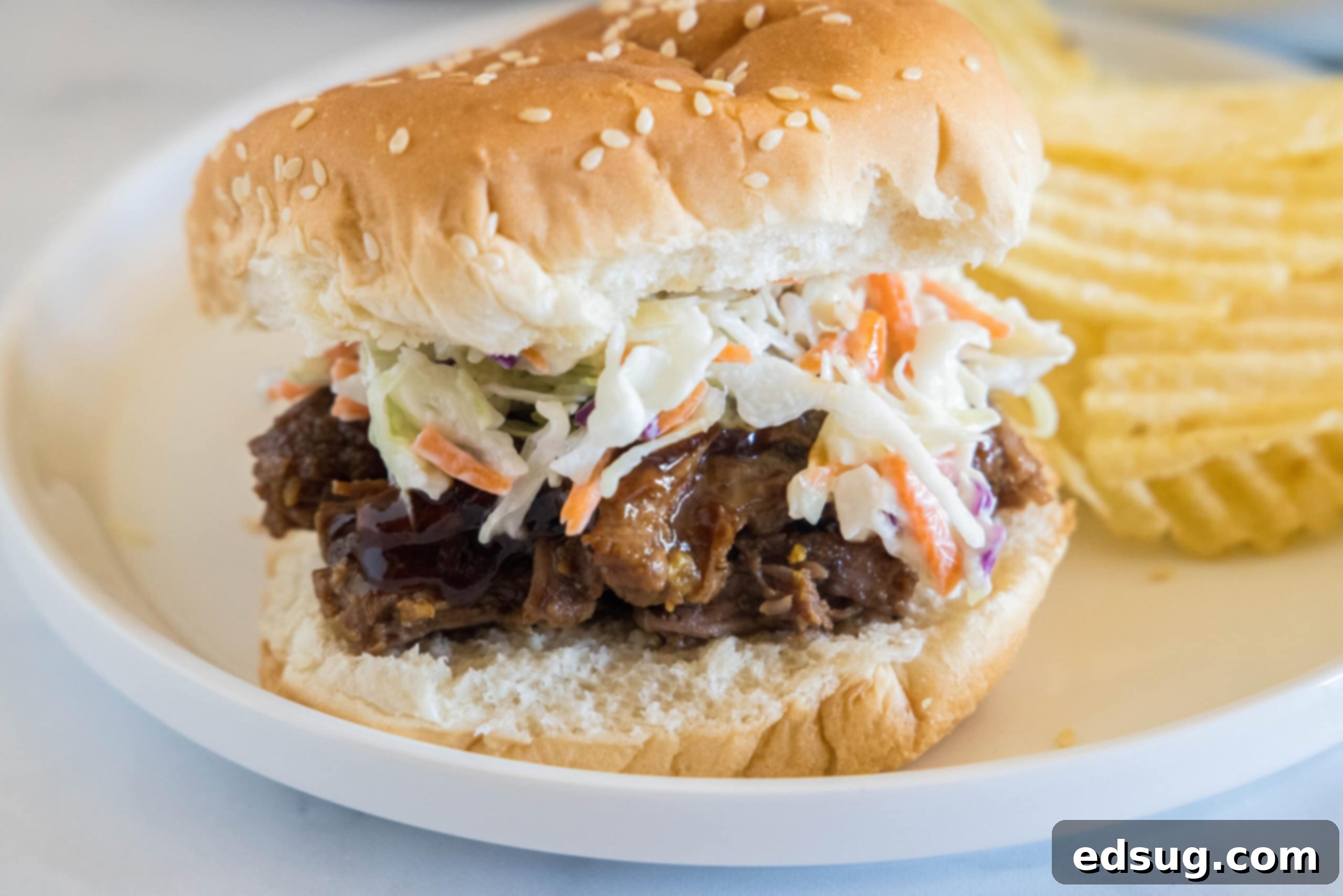 A BBQ beef sandwich with coleslaw and a side of potato chips on a white plate, ready to be enjoyed.