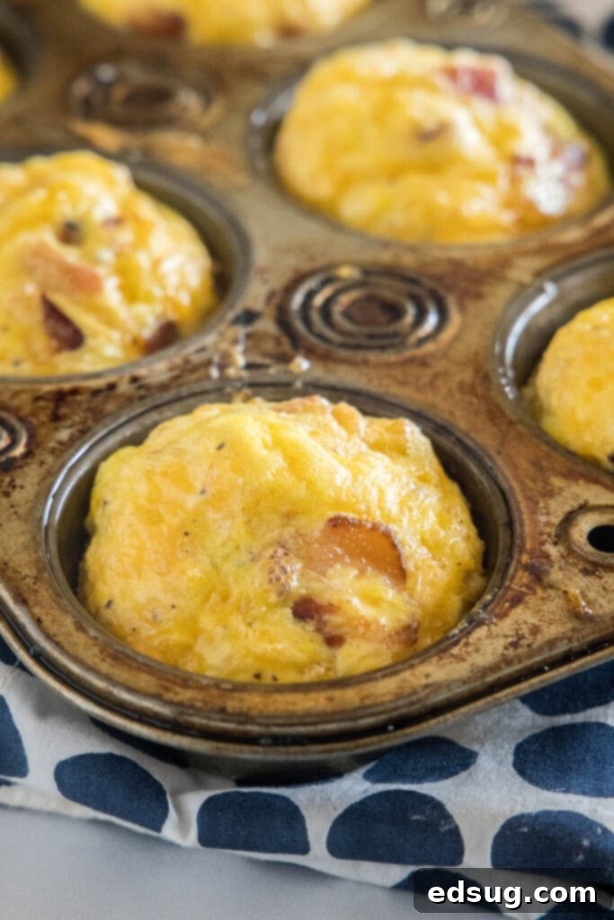These bacon cheese egg muffins are packed with smoky crumbled bacon and melty cheddar. Enjoy these for brunch, or an easy on-the-go breakfast! Baked bacon cheese egg muffins in a muffin pan.