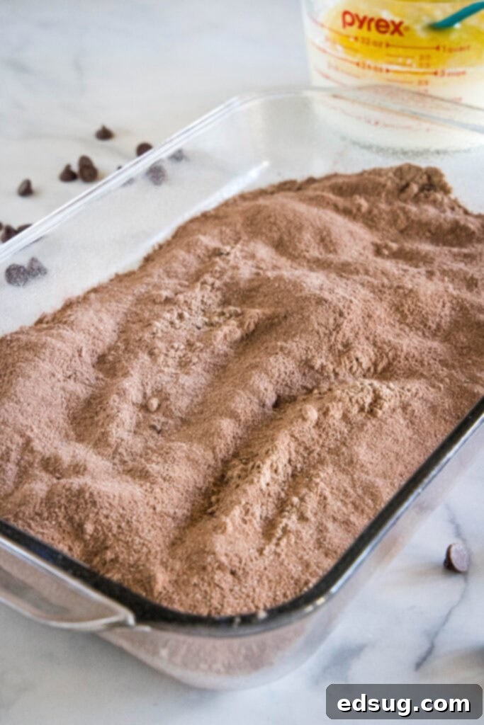 Chocolate cake mix in a 9x13-inch glass baking dish.