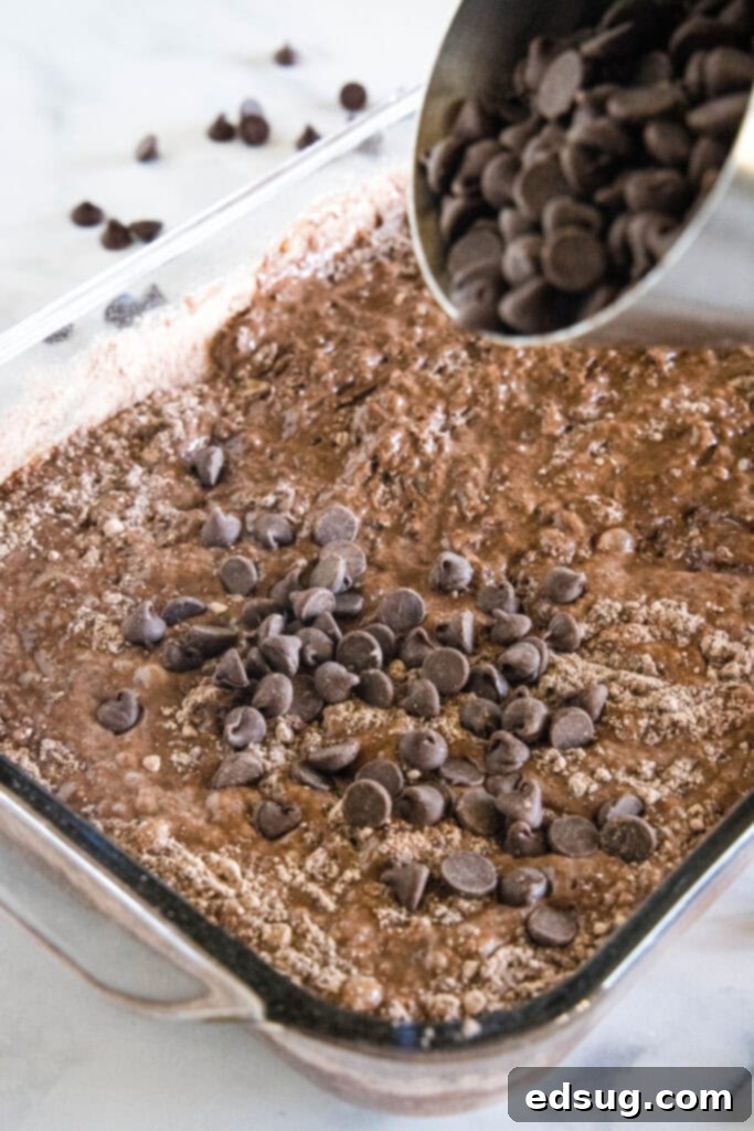 Chocolate chips are sprinkled over top of chocolate dump cake ingredients in a glass baking dish.