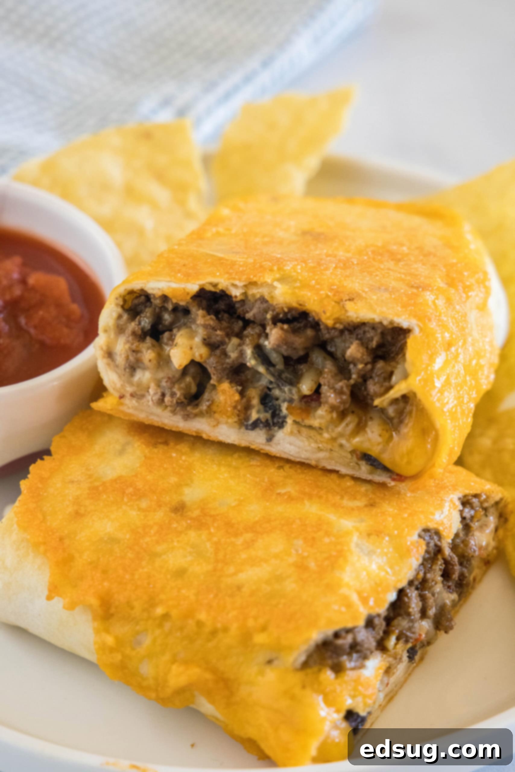 This copycat grilled cheese burrito recipe lets you remake an ooey-gooey Taco Bell favorite at home. Right down to the creamy chipotle sauce! Two halves of a grilled cheese burrito stacked on a plate next to salsa in a ramekin.