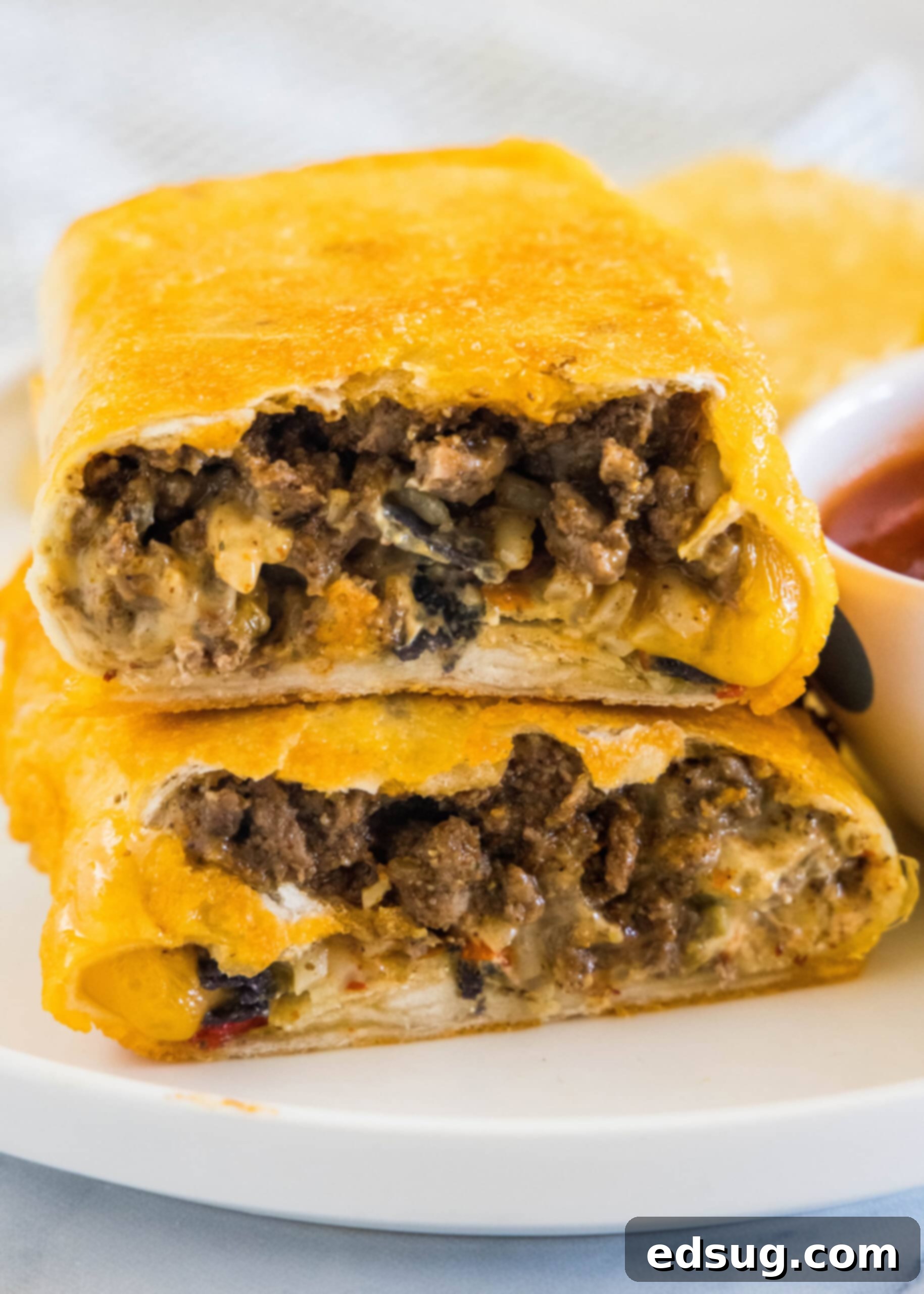 This copycat grilled cheese burrito recipe lets you remake an ooey-gooey Taco Bell favorite at home. Right down to the creamy chipotle sauce! Two halves of a grilled cheese burrito stacked on a plate.