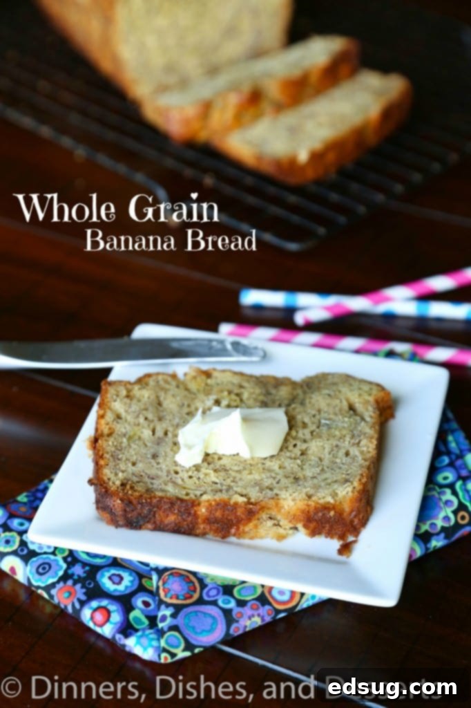Hearty Whole Grain Banana Loaf 2 Deliciously moist Whole Grain Banana Bread, sliced and ready to serve on a cutting board