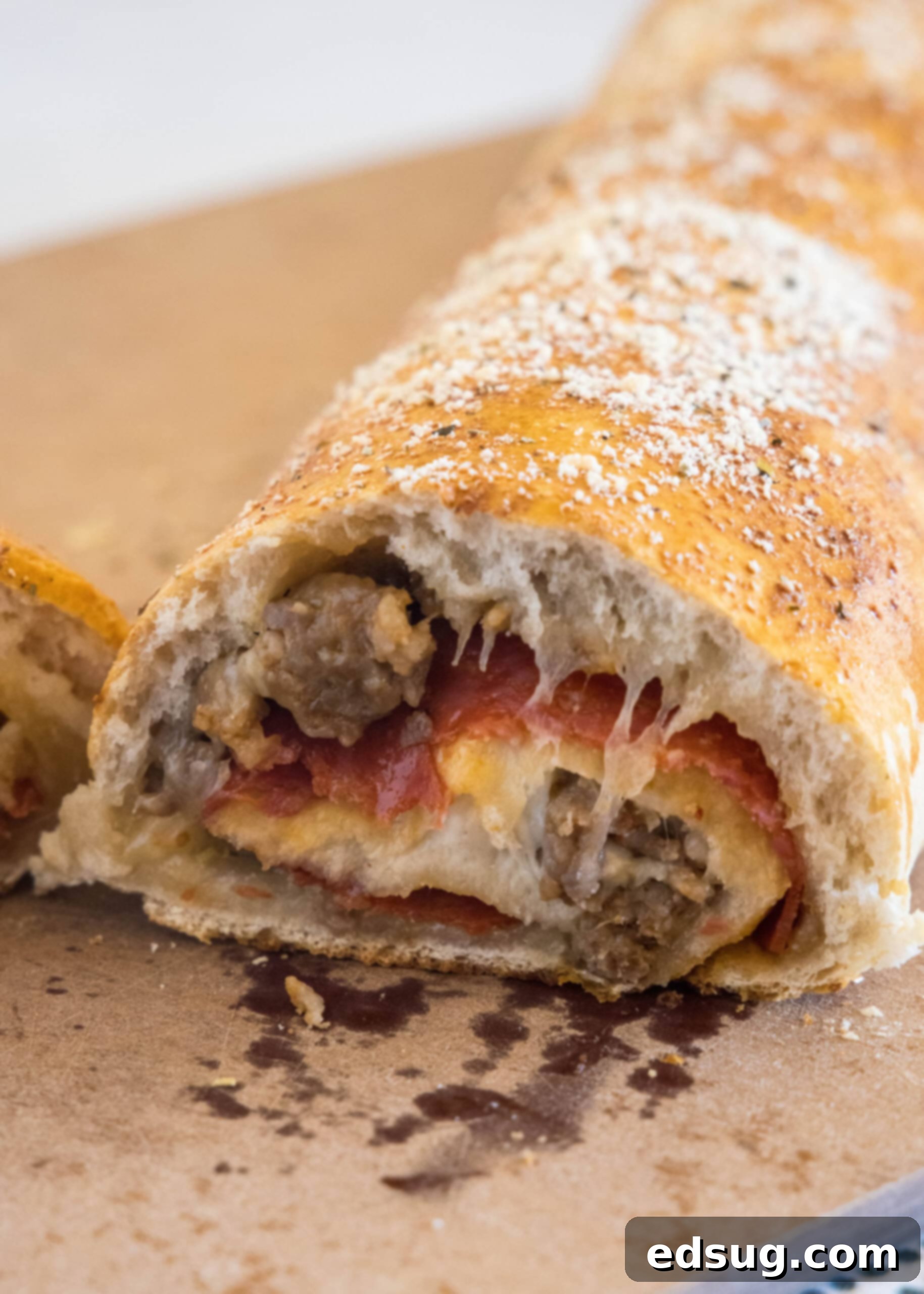 Put a fun spin on pizza night with this easy pizza bread recipe. Roll your favorite pizza toppings inside a pizza crust, bake, and slice! #pizzabread #pizza A pizza bread roll with a slice missing from the end.