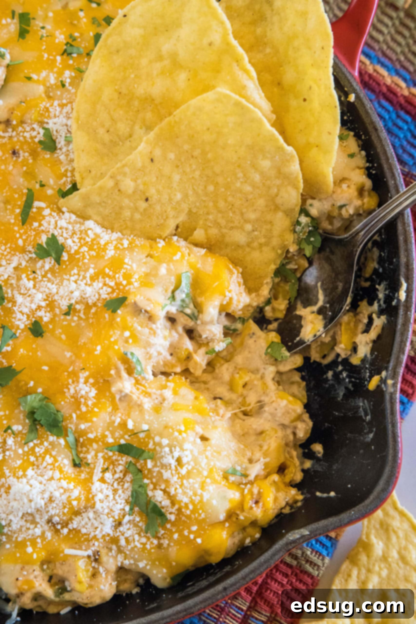 A tortilla chip dipped into a skillet of cheesy street corn dip.