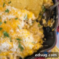 Close up of a tortilla chip dipped into a skillet of cheesy street corn dip.