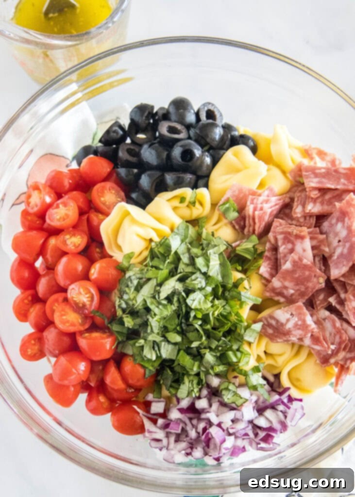 Cooked tortellini and other salad ingredients, including tomatoes, salami, olives, and red onion, beautifully combined in a clear glass bowl, ready for the dressing.