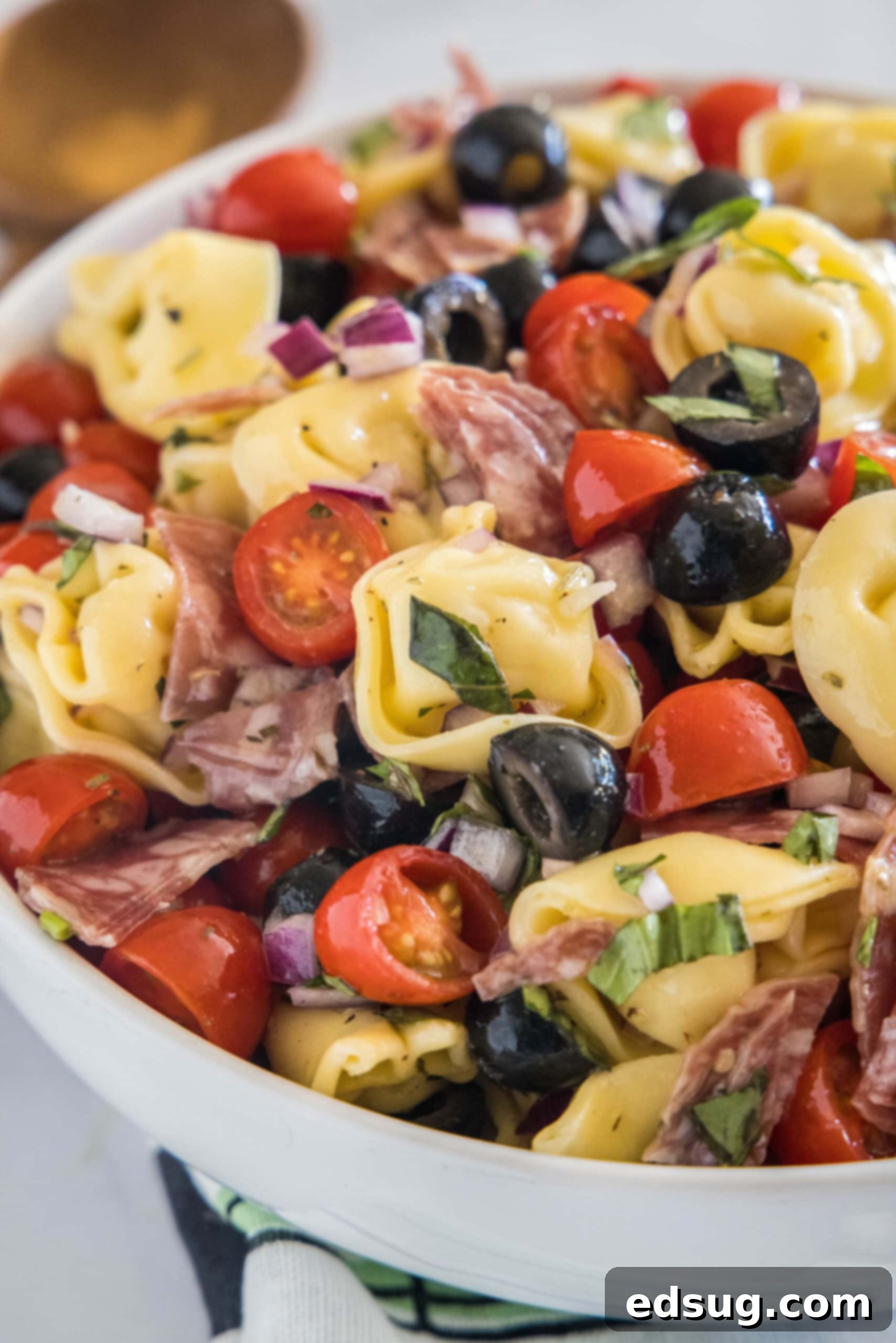 A generous serving of tortellini pasta salad, glistening with dressing, showcased in a white bowl with fresh basil garnish.