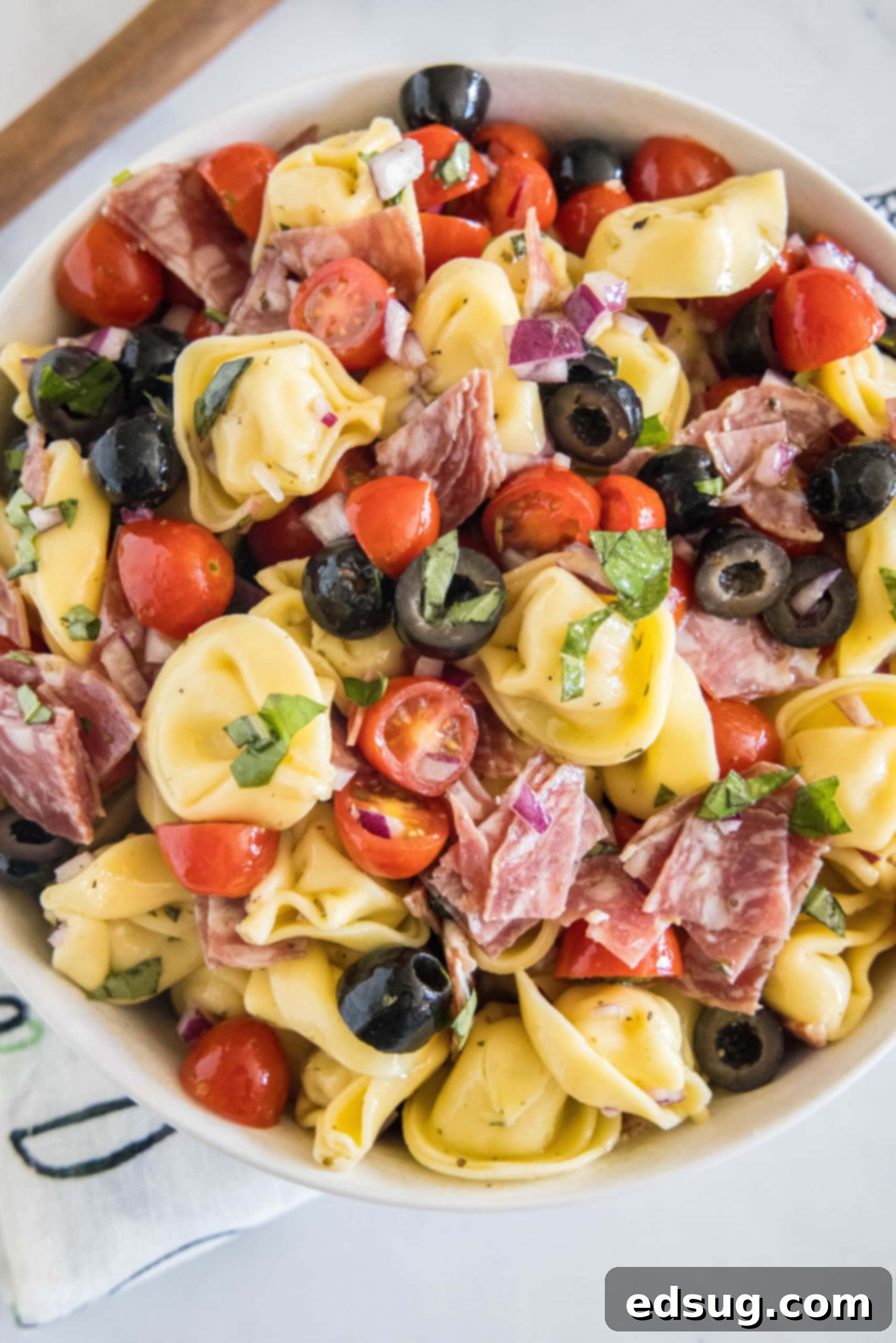 An inviting overhead shot of tortellini pasta salad, featuring colorful ingredients and glistening dressing, served in a pristine white bowl.