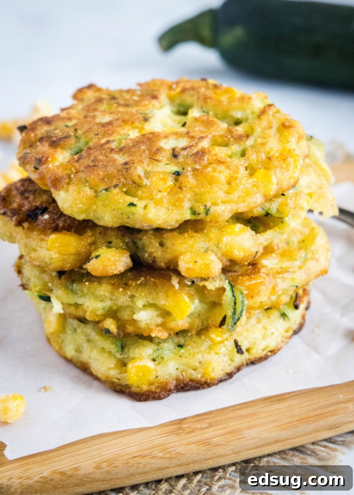 These easy zucchini fritters with corn are light, crispy, moist, and only take 25 minutes to make. They're a perfect side dish or snack! Close up of four zucchini fritters stacked on each other, showcasing their golden-brown crispiness and flecks of corn and zucchini.