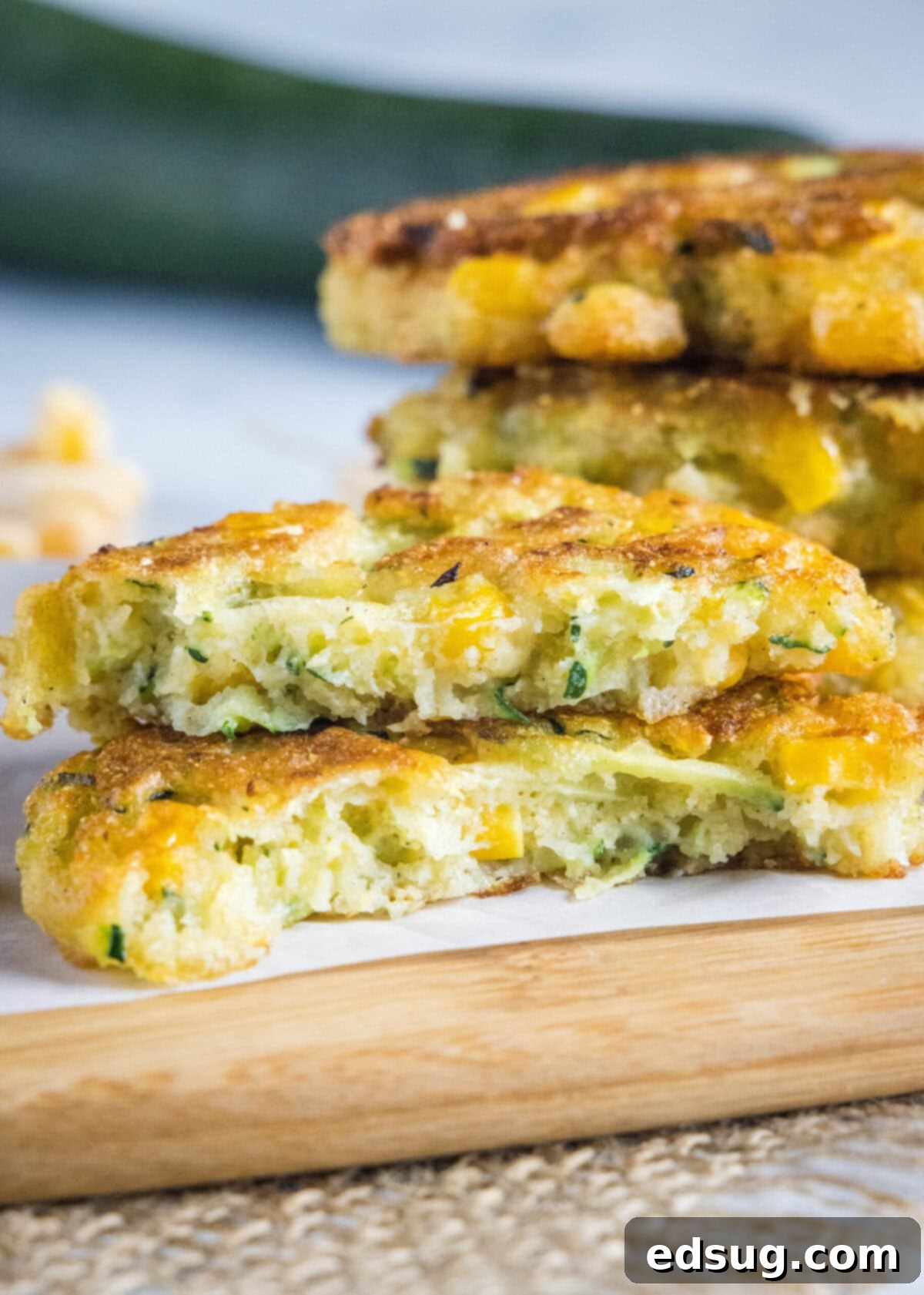 These easy zucchini fritters with corn are light, crispy, moist, and only take 25 minutes to make. They're a perfect side dish or snack! A freshly cooked zucchini fritter expertly broken in half, showcasing its moist, tender interior filled with corn and zucchini, elegantly stacked on top of itself. In the blurred background, a stack of perfectly golden-brown fritters awaits, ready to be enjoyed.