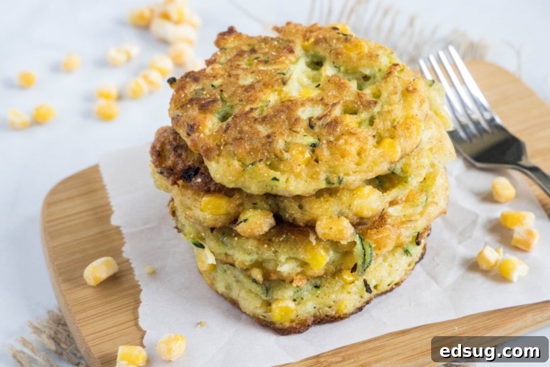 These easy zucchini fritters with corn are light, crispy, moist, and only take 25 minutes to make. They're a perfect side dish or snack! Overhead view of a beautiful stack of golden-brown zucchini fritters, artfully surrounded by fresh corn kernels, with a fork resting nearby, ready to be enjoyed.